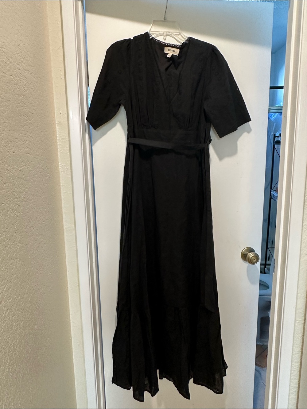 Porridge by Anthropologie Black Eyelet Maxi Dress w Waist Tie Size Small
